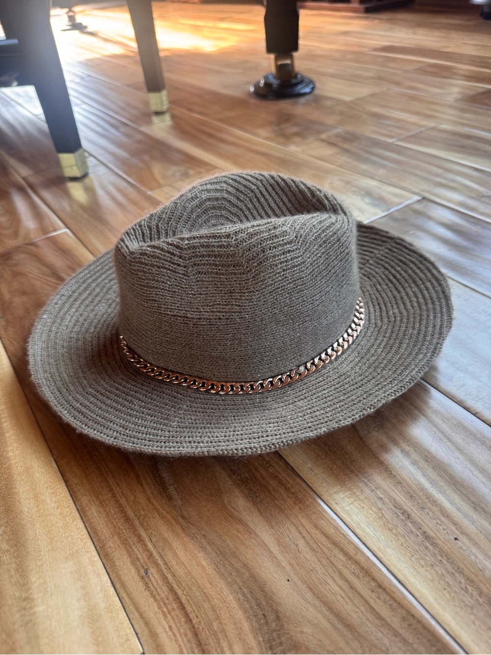 Vince Camuto Brown Knit Floppy Hat with Gold Chain Trim